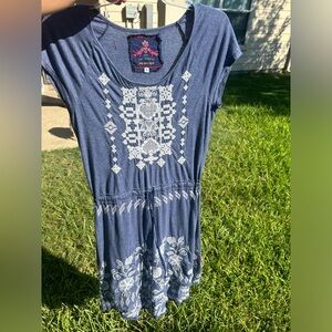 Johnny Was Blue Embroidered Drawstring Dress.